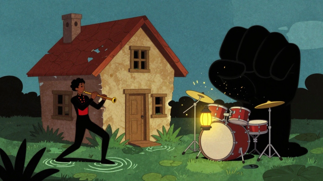 A dub track visualized as a house with missing walls, where silence and echo interact dramatically in a rhythmic dance.