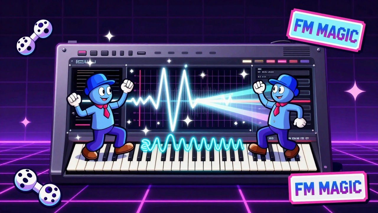 A DX7 synth with dancing operators creating sparkling FM tones, a coiled bassline below, all against a neon grid with floating hi-hats.