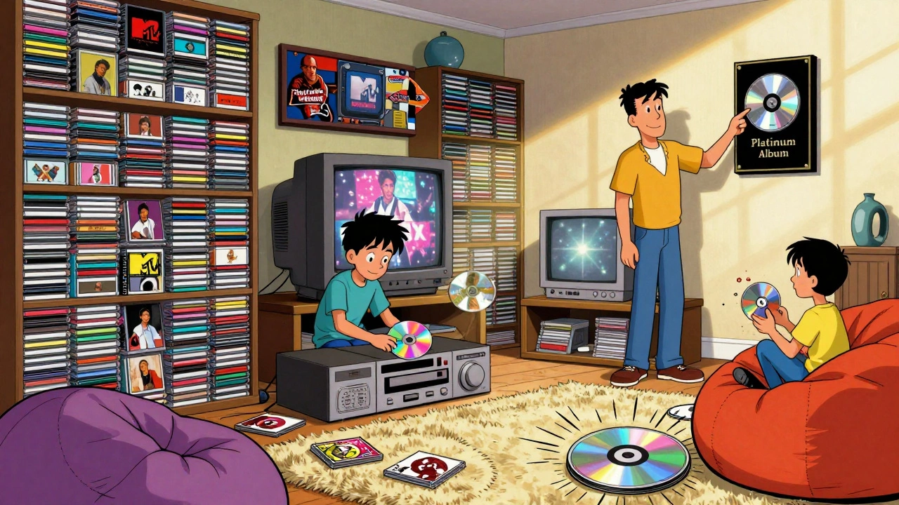 A family surrounded by colorful CD collections in a 90s living room, with a stereo playing and MTV on TV, cartoon style.
