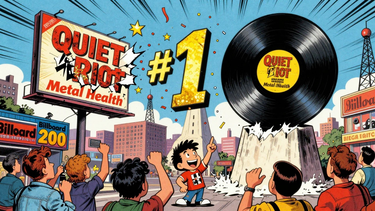 A giant 'Metal Health' album rising as a monument on the Billboard chart with fans cheering below.