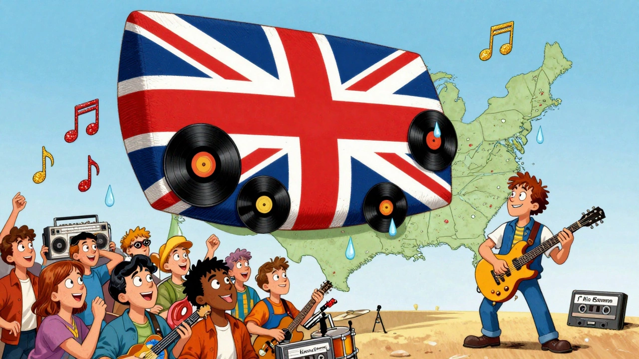 A giant British synth-and-vinyl flag hovers over America as musical glitter rains down on amazed teens, in vintage cartoon illustration.