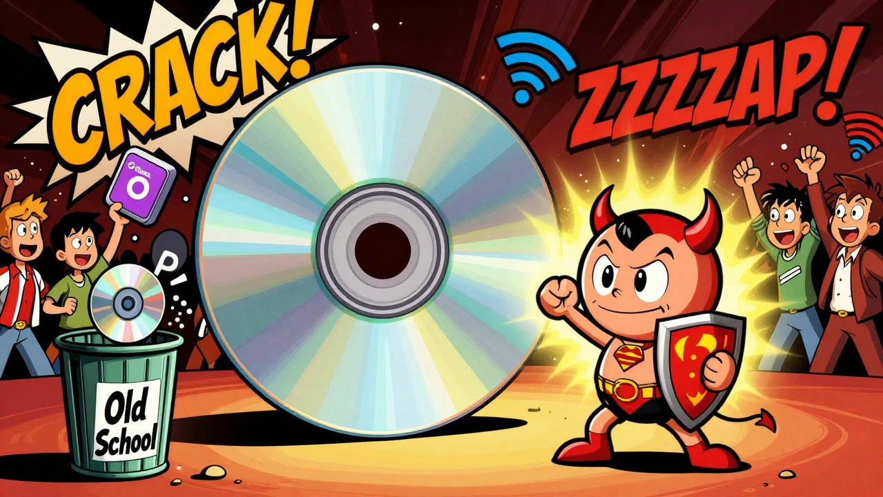 A giant CD superhero battling Napster demons, teens throwing CDs away, in exaggerated 90s cartoon style.