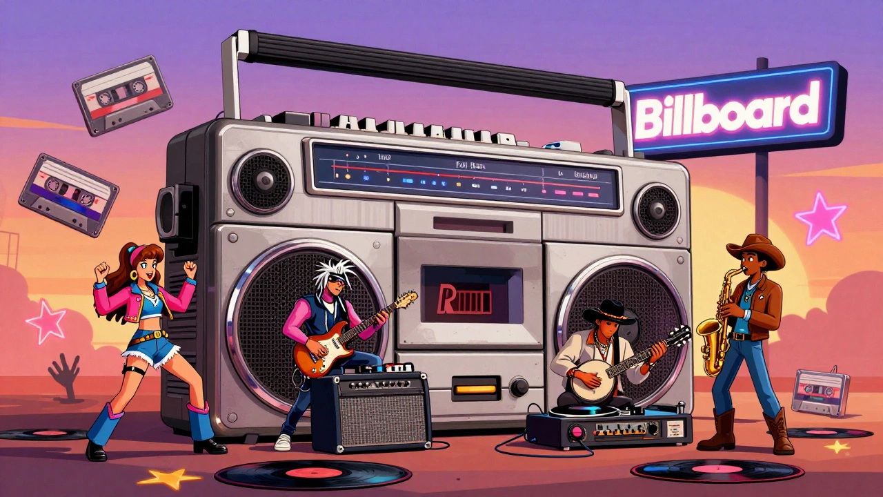 A giant open boombox in vintage cartoon style revealing tiny figures of 1980s music genres dancing and playing instruments.