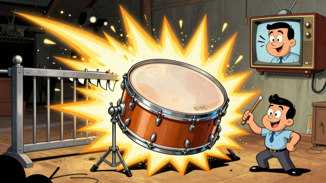 A giant snare drum explodes with a gated reverb tail cut sharply by a cartoon gate, while an engineer flips a switch with a grin.