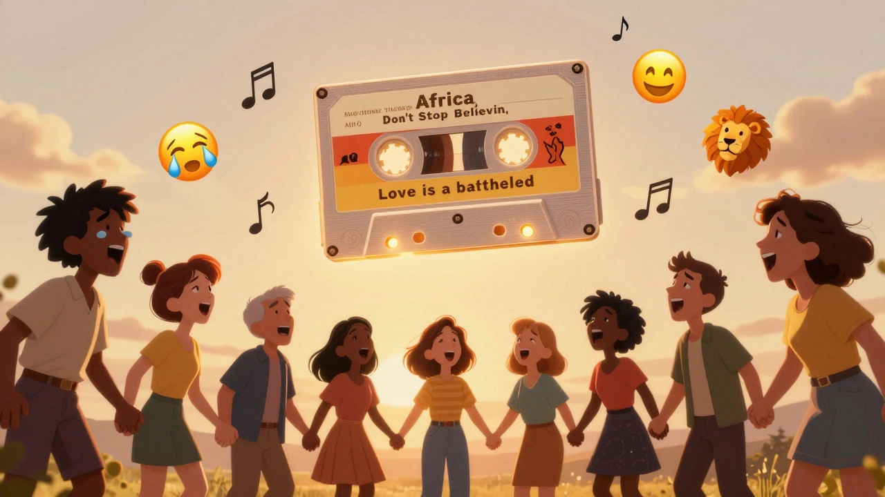 A glowing 1980s cassette tape floats above people holding hands, singing iconic ballads with emotional intensity.