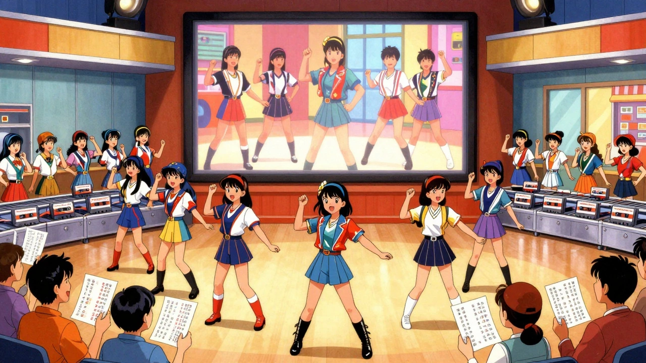 A Japanese idol group dances on a TV screen, mirrored by trainees in Taiwan and Hong Kong, while cassette tapes flood Asian markets.