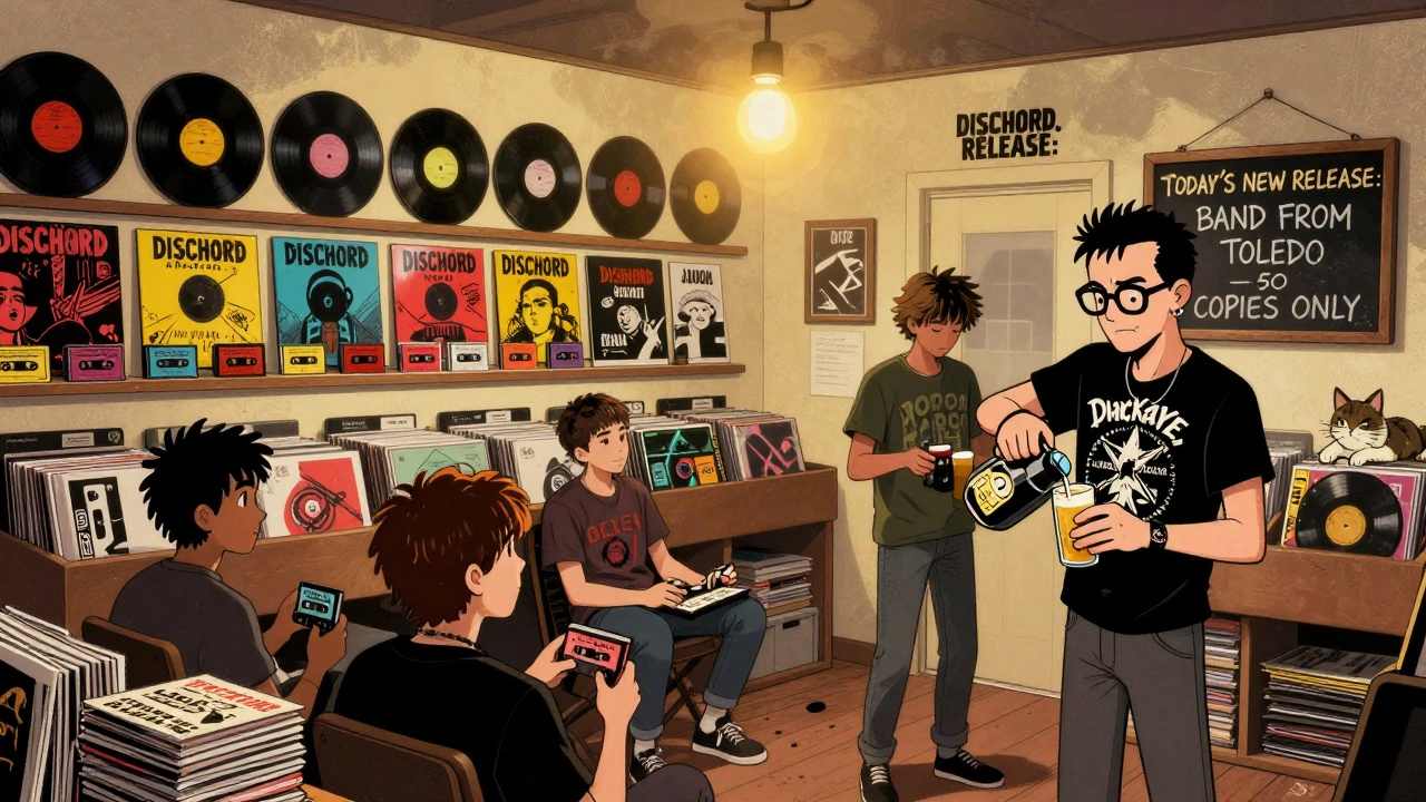 A modern punk record shop in Washington, D.C., with colored vinyl, cassette sleeves, and a listening party where a customer trades a demo tape for credit.