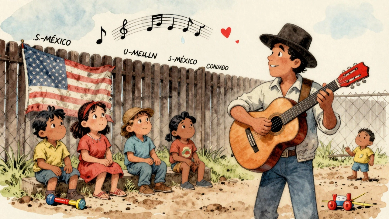 A musician plays guitar at a border fence as names float as musical notes above detained families.