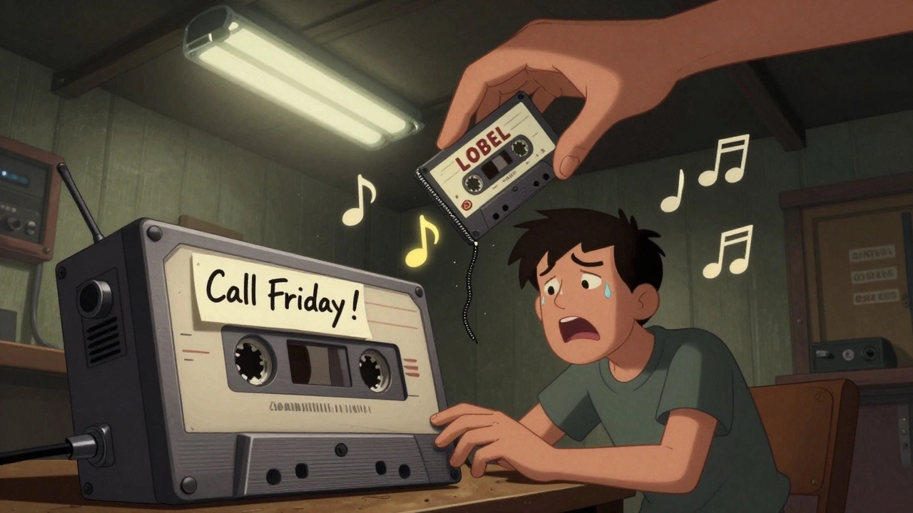 A musician recording a demo in a basement, a giant hand labeled 'LABEL' grabbing the tape, with a glowing musical hook shining above.