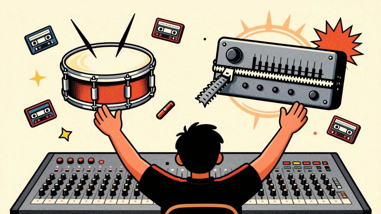 A producer watching a dry snare and its gated reverb tail being cleanly severed by a cartoon noise gate at a mixing board.