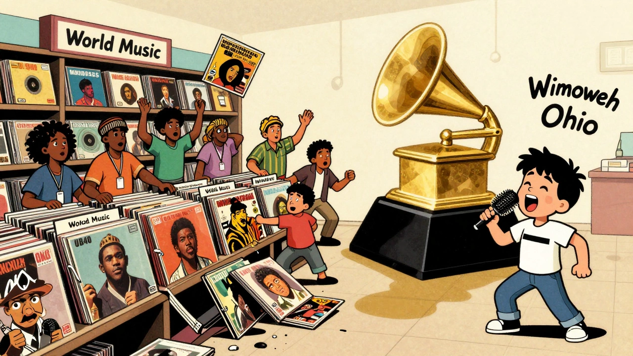 A record store shelf bursts with world music albums while UB40 and Ladysmith Black Mambazo crowd the scene.