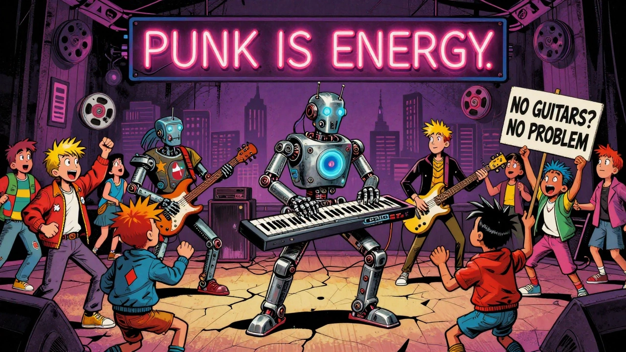 A robot band plays punk music on synthesizers as a wild crowd dances under neon lights, no guitars in sight.