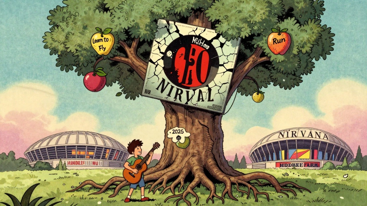 A rock tree grows from a Nirvana album, bearing Foo Fighters song titles, inspiring a young fan below.