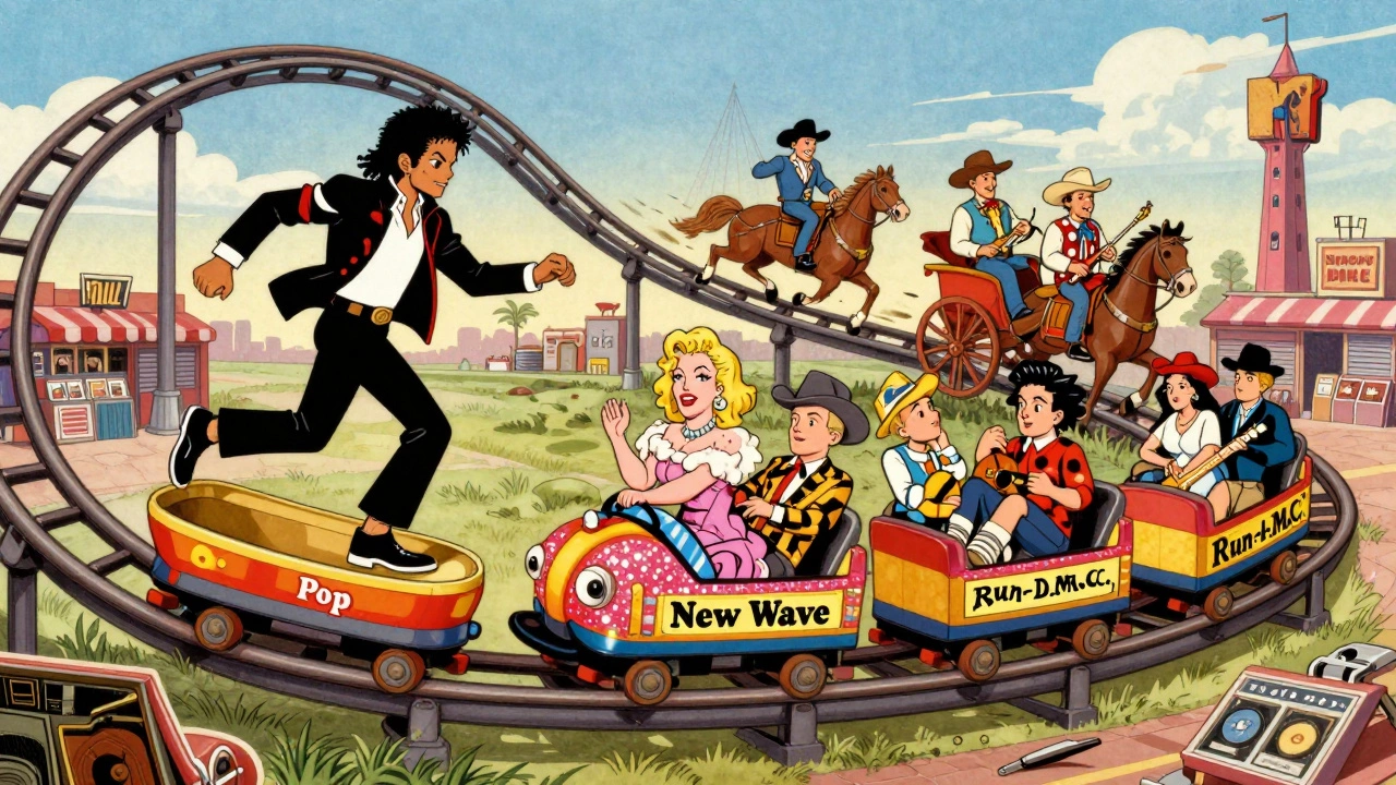 A rollercoaster chart in vintage cartoon style with 1980s music icons racing past record stores and MTV towers.