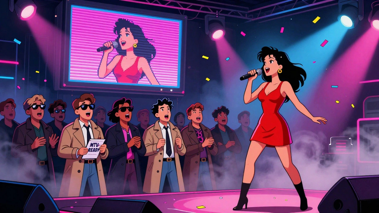 A singer in a red dress performing on stage at a 1980s showcase, A&amp;R reps watching in awe as her image appears on a pixelated MTV screen.