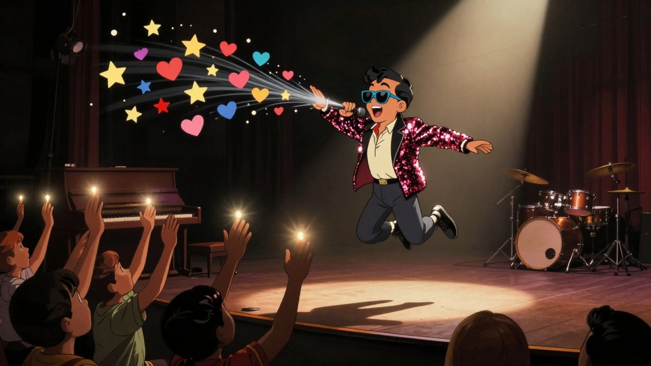 A singer performs 'I Wanna Dance with Somebody' as sound waves burst into hearts and stars under a spotlight.