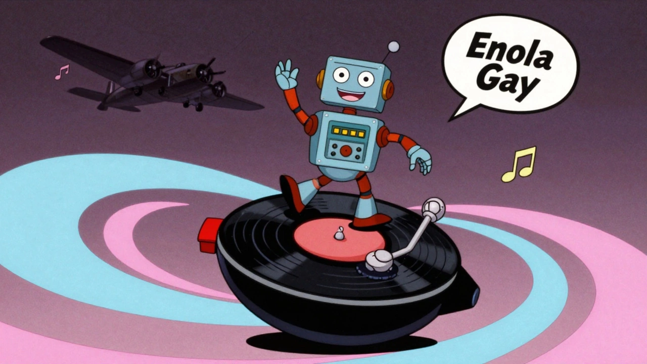 A smiling synth robot dances on an atomic bomb while colorful music waves swirl around it.