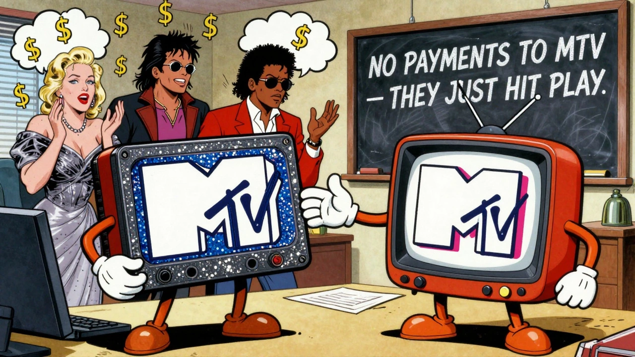 A smirking TV logo accepts a music video tape from a record executive, while artists are buried under dollar signs.