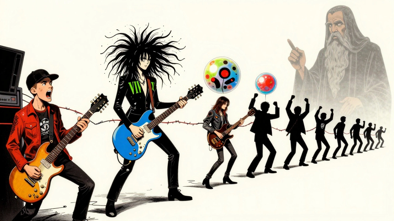 A surreal lineage of 90s rock bands connected by a guitar string, tracing back to Pixies with Steve Albini watching over them.