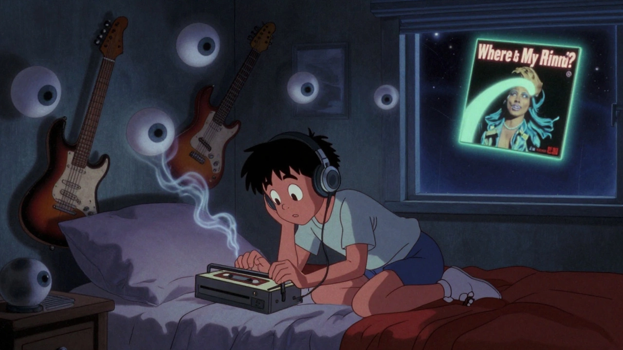 A teenager in 1989 listening to Surfer Rosa with floating eyeballs and basslines swirling around them in a dark bedroom.