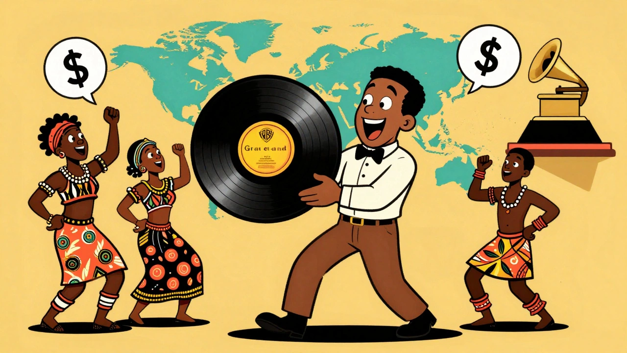 A Warner Bros. executive holds the Graceland album as African musicians dance around it with glowing world map.