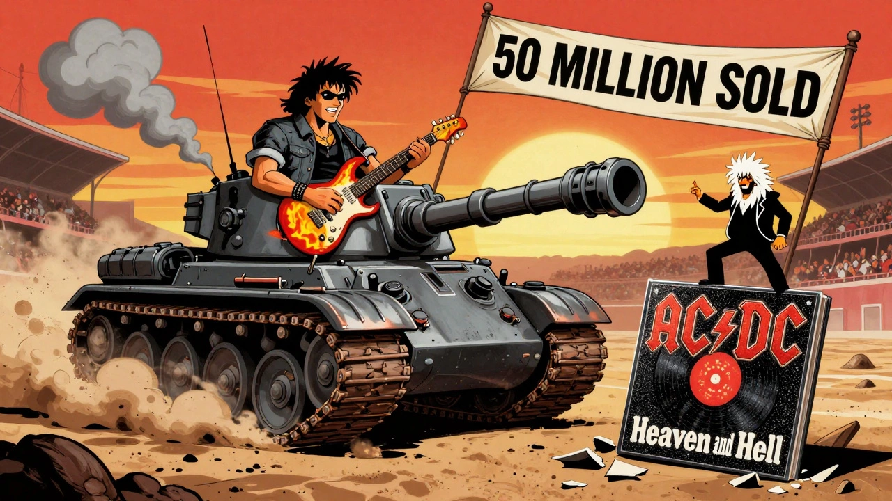 AC/DC's 'Back in Black' album tank crushing 'Heaven and Hell' in a desert, with Angus Young riding and Dio defiant.