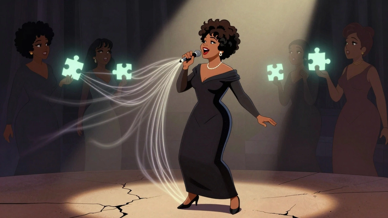 An older Aretha Franklin singing with effortless control, her vocal technique visualized as glowing, flexible strings.