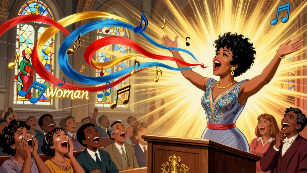 Aretha Franklin singing in a church, her melismatic voice forming a colorful ribbon of emotional notes.