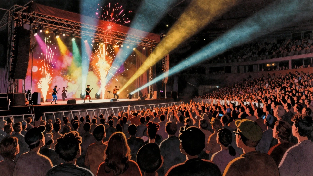 Audience viewing pyrotechnics show inside arena.