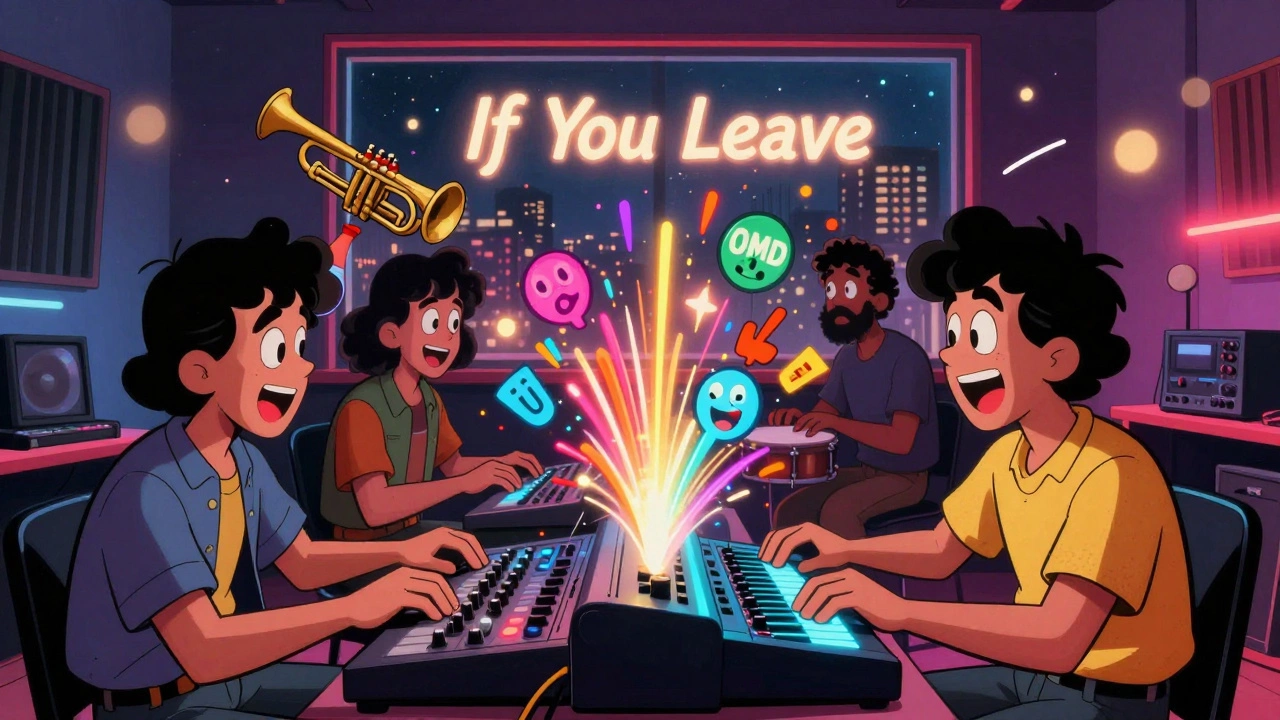 Band members frantically program a glowing sampler as musical samples burst like fireworks around them.