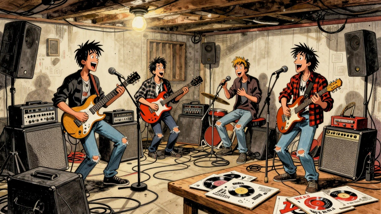 Band recording music in a gritty basement studio with tape decks.