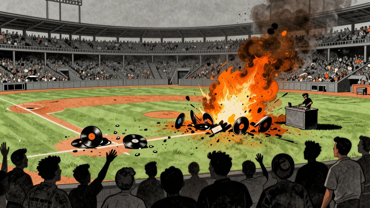 Baseball field littered with destroyed vinyl records during 1979 demolition event