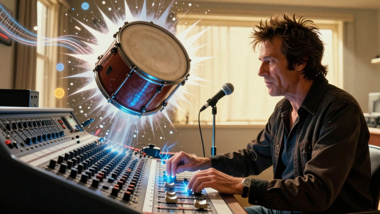 Bob Clearmountain mixing a giant exploding snare drum with glowing reverb rings and electric faders.