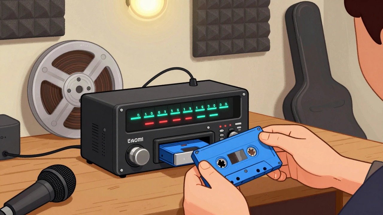 Cartoon illustration of a musician inserting an S-VHS video cassette into a compact eight-track digital audio recorder unit.