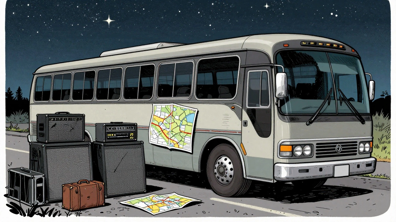 Classic tour bus parked overnight next to amplifier equipment stacks.