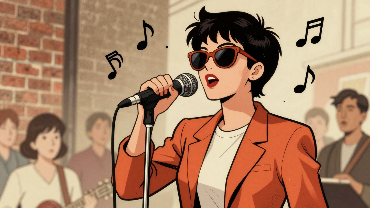 Close-up portrait of a female rock singer adjusting a microphone stand outdoors.