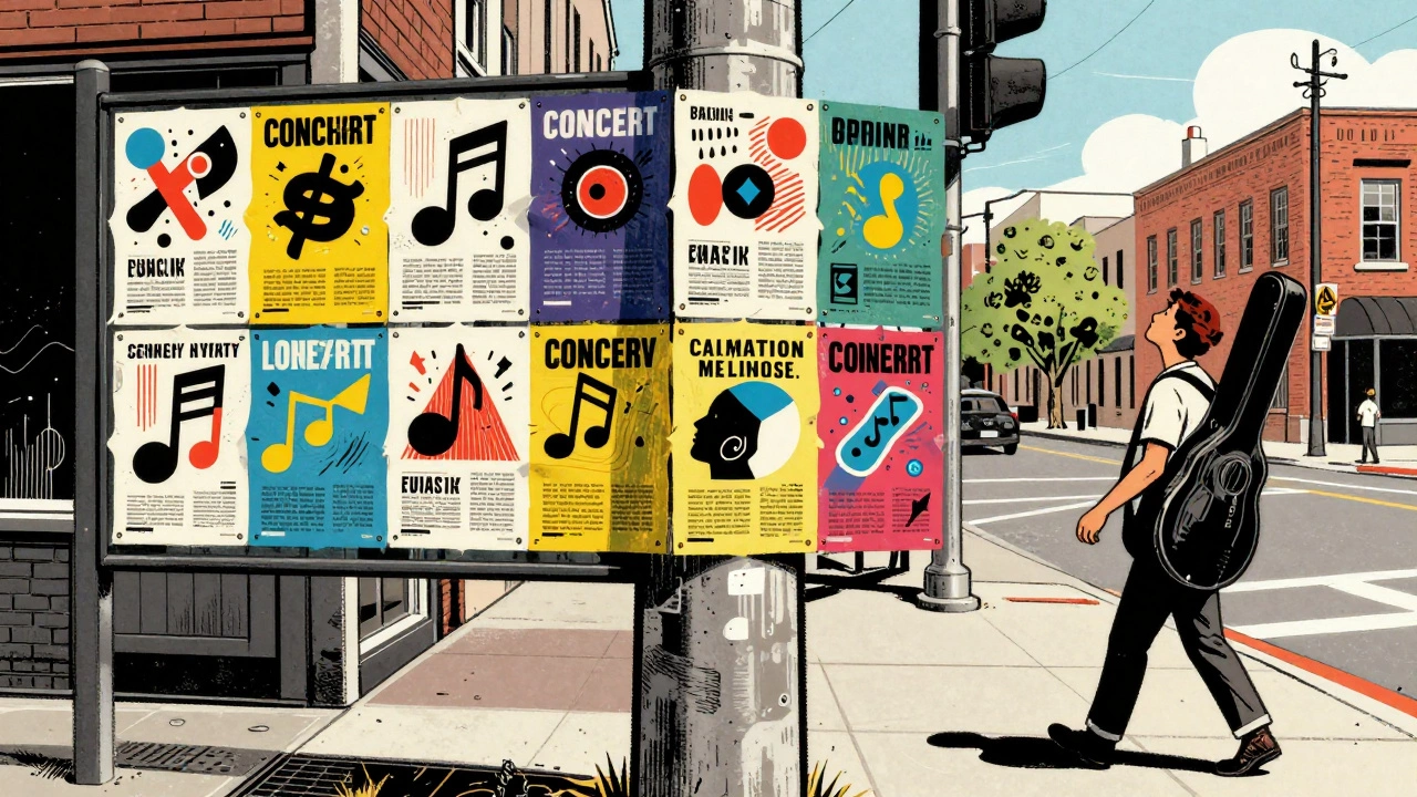 Colorful posters covered on a telephone pole.