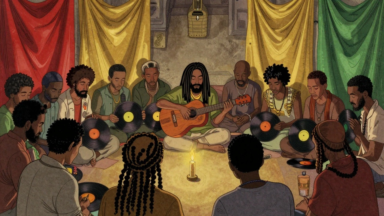 Community members gathered inside a hall listening to music with colorful draped fabrics.