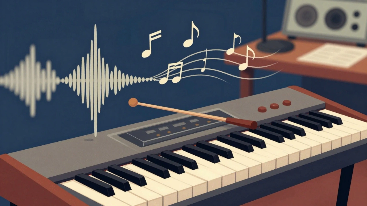 Conductor baton beside synthesizer with floating notes