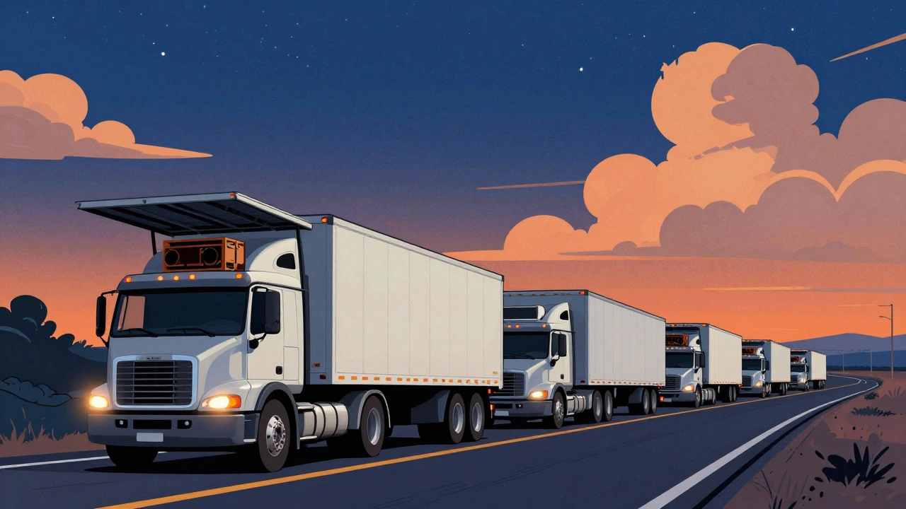 Convoy of production trucks traveling on a highway.