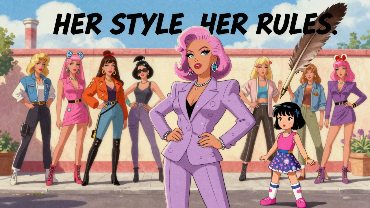 Cyndi Lauper in 2018 with lilac suit and hair, surrounded by fashion icons, as her legacy inspires a new generation.