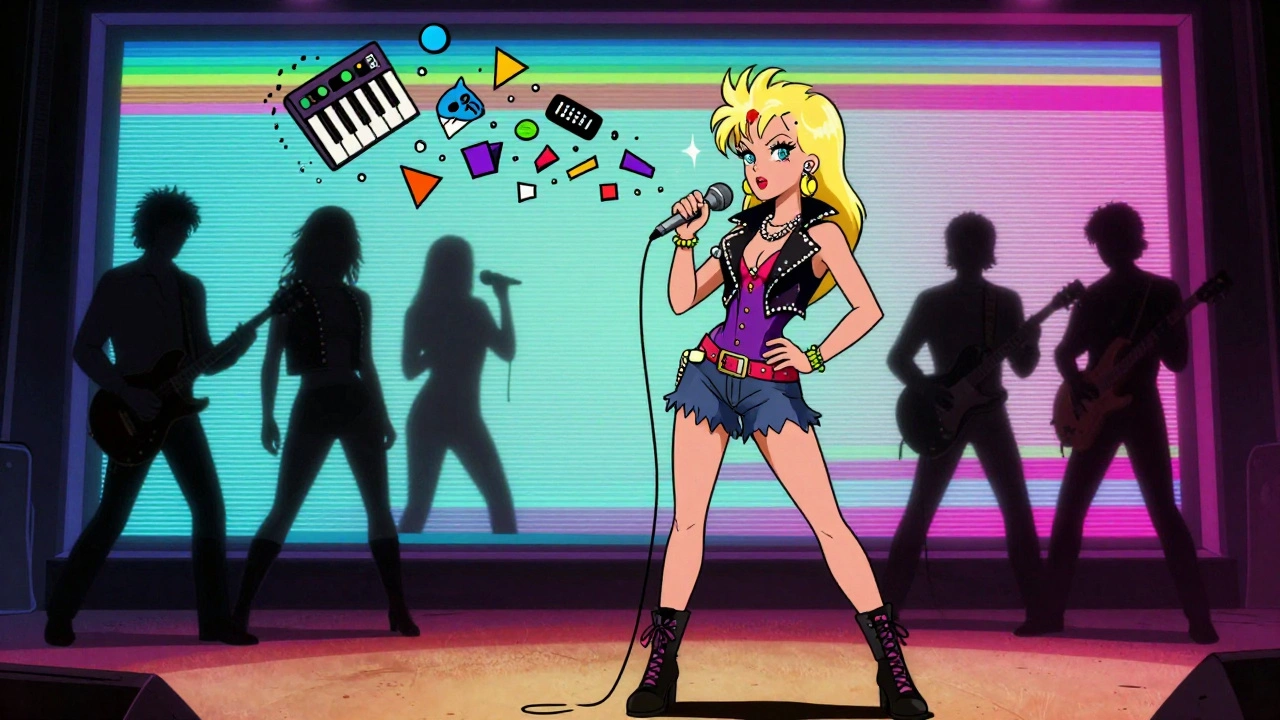 Debbie Harry conducts musical shapes on stage as The Ramones fade into shadow behind her.