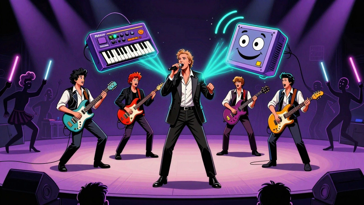 Depeche Mode's synthesizers and drum machine performing on stage with sound waves and dancing 80s crowd.