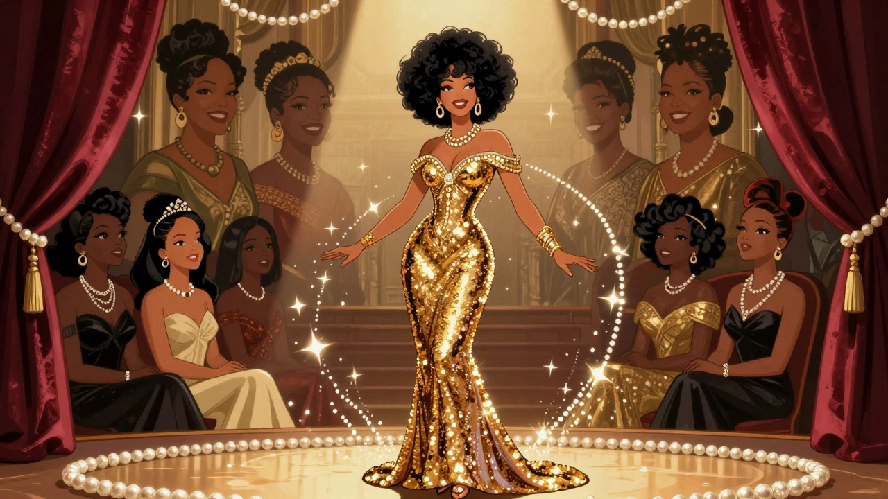 Diana Ross on a glittering stage, surrounded by stars and modern artists watching in admiration.