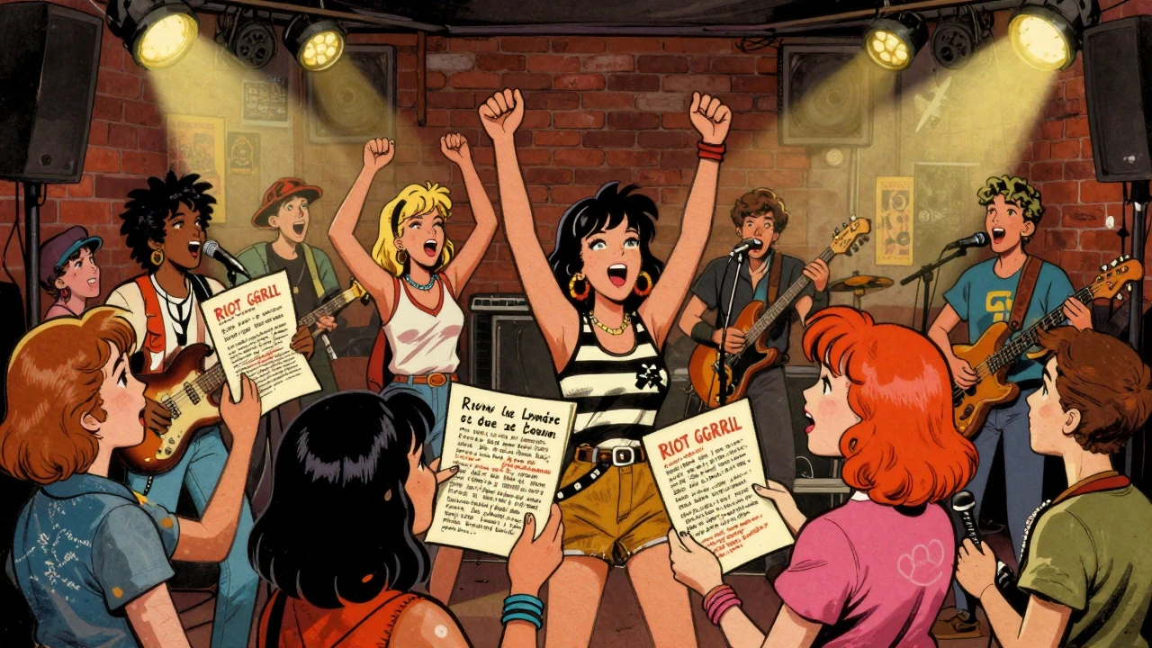 Diverse crowd at a small 90s concert venue holding hand-drawn zines.