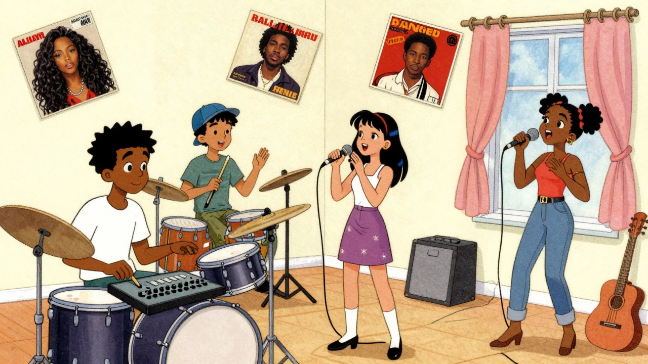 Diverse young musicians from Nigeria, Korea, France, and Russia collaborating in a 90s-style music room, inspired by global R&amp;B icons.