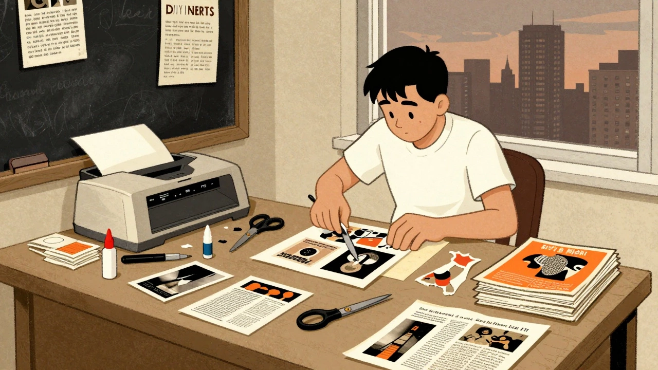 DIY zine creator cutting photos and assembling homemade publication