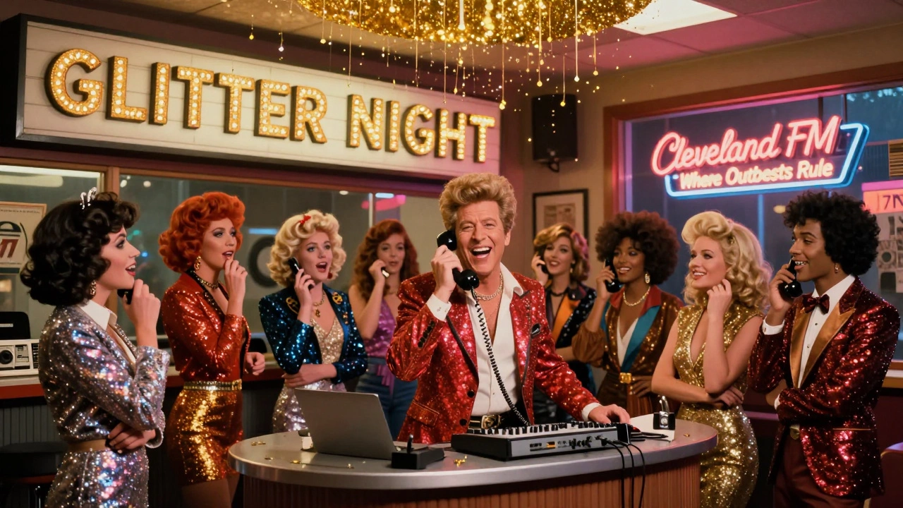 Fans in glam costumes line up at a radio station, with glitter raining down as a DJ takes call-in requests.