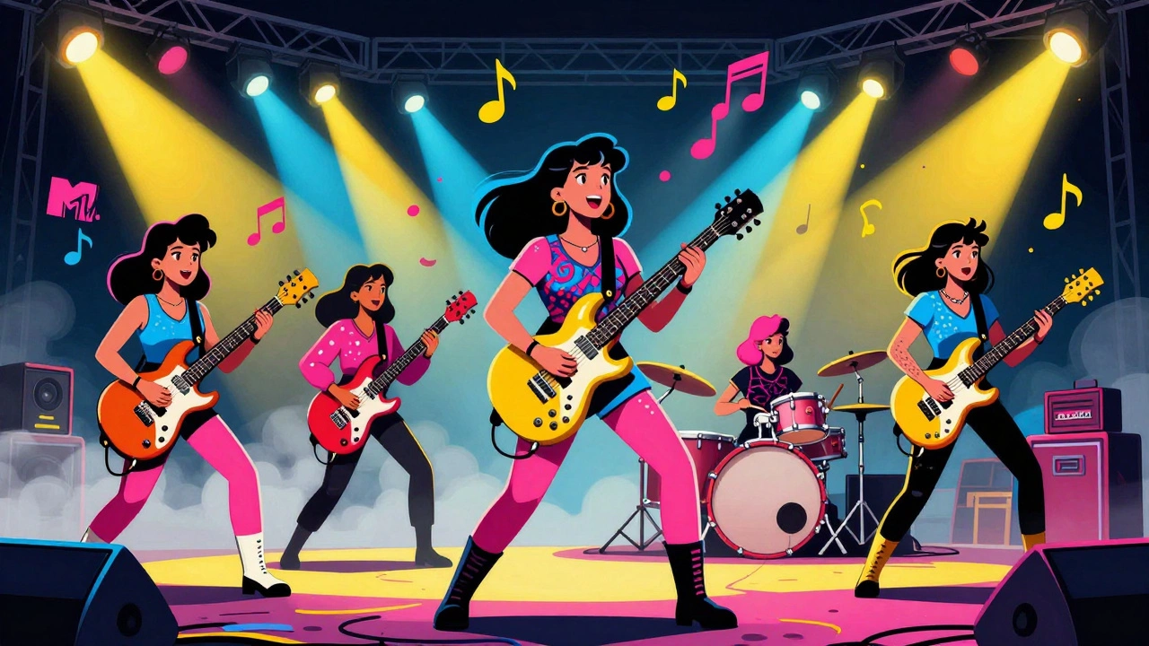 Female rock band performing energetically on stage with instruments