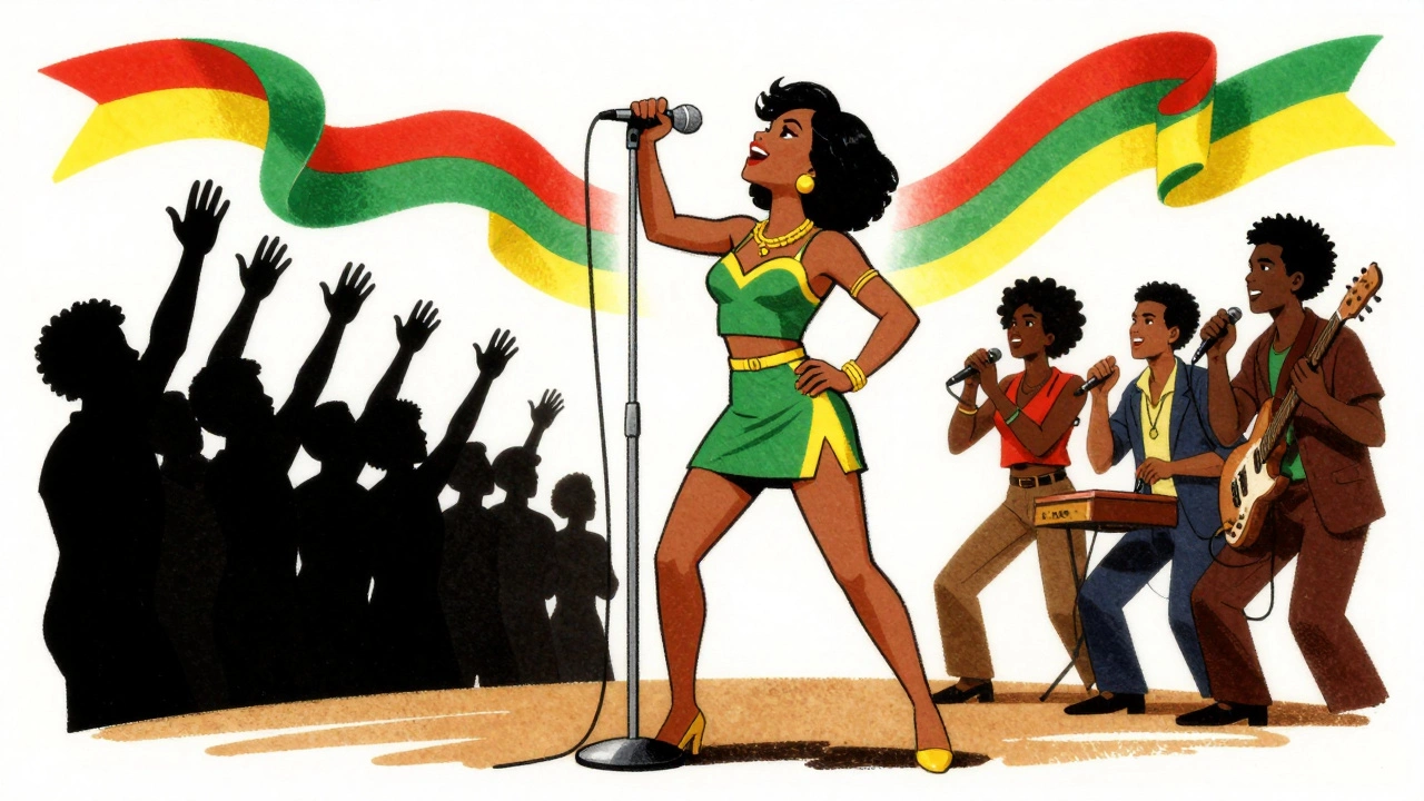 Female singer holding a microphone stand confidently beside male musicians on stage.